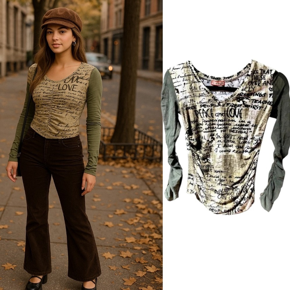 Via Te‎ Vie Paris Top Olive Green Long Sleeve Peace Love Graphic small